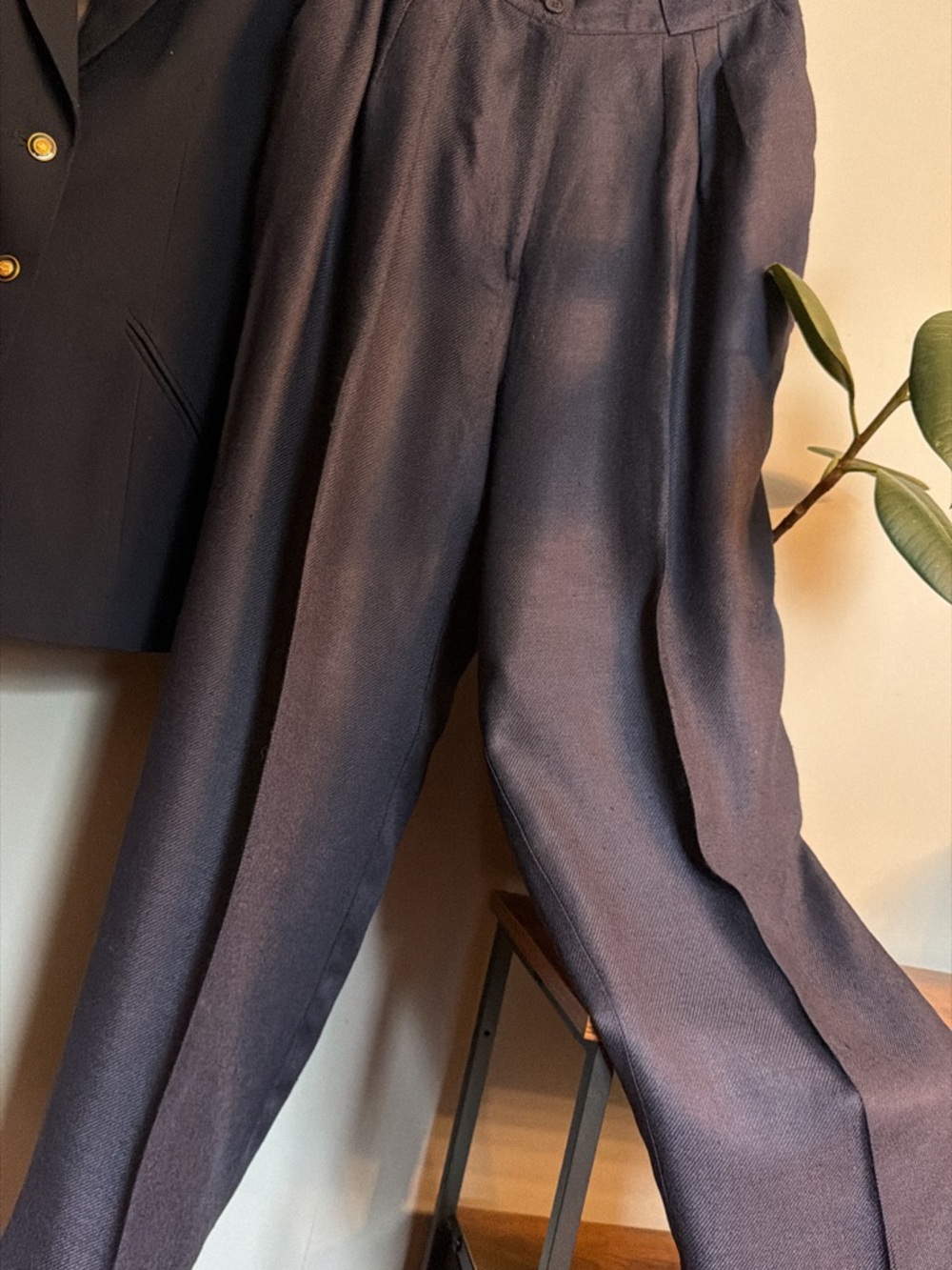 Vintage Navy Rayon Twill Pleated Pants High Rise Wide Leg Trouser | 12